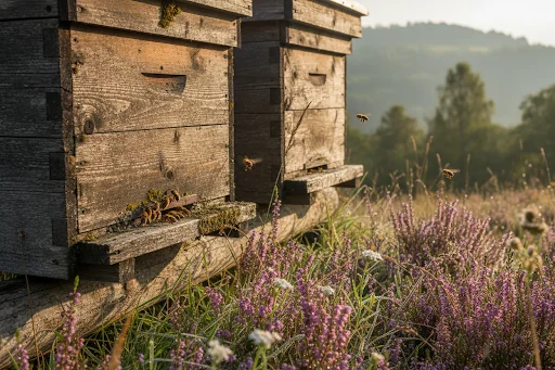 Ruches en bois dans une prairie d'Auvergne au lever du soleil